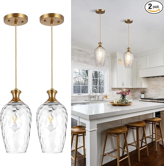 2 Pack Glass Pendant Lights Kitchen Island Gold Vintage Pendant Light Hand-Blown Hammered Clear Glass Hanging Light Fixtures E26 Brass Pendant Light for Kitchen Sink Dining Room
