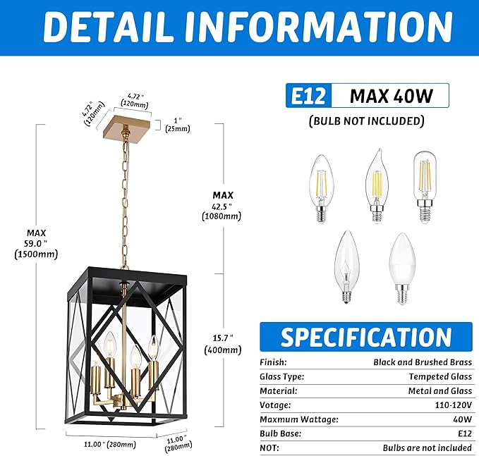 Outdoor Pendant Light for Porch, 4-Light Modern Metal Exterior Hanging Lantern Pendant Light Outside Chandelier Black with Clear Glass or Front Porch Entrance Foyer Entryway, Brass Socket