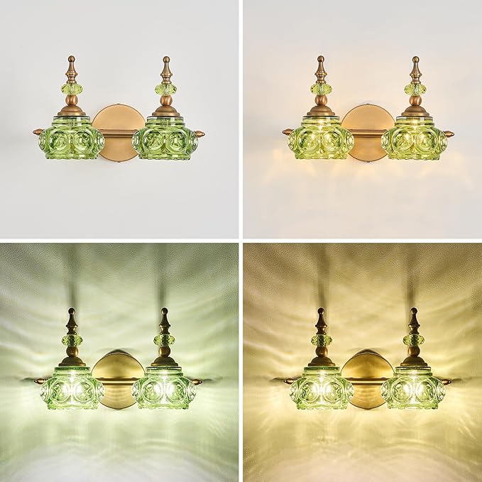 Green 2-Light Vintage Vanity Light Fixtures with Crystal Glass Shade, Rust-Proof and Durable Bathroom Lighting Wall Sconce for Bathroom Bedroom Living Room Hallway