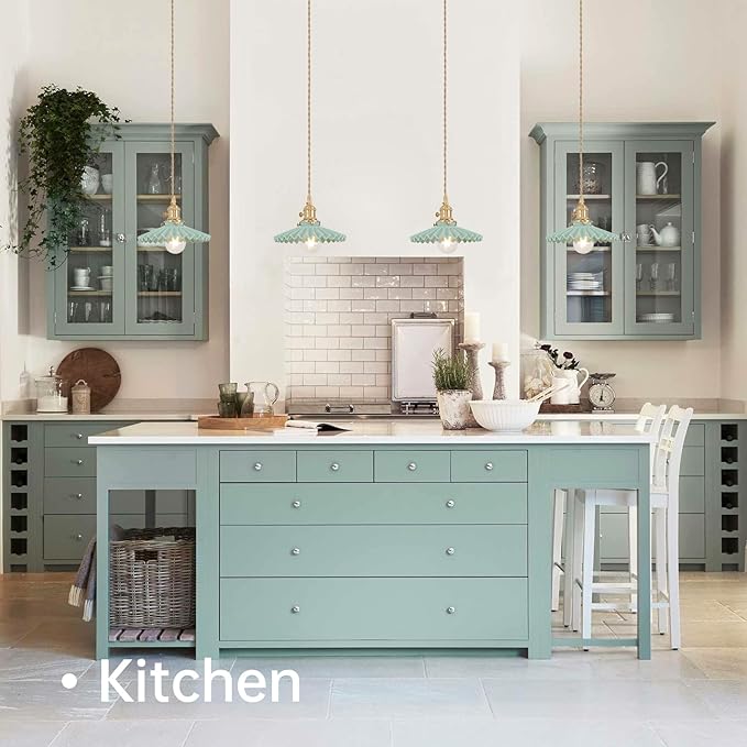 Shenmoyl Pendant Light with Green Pleated Ceramic Lmapshade, Brass Vintage Pendant Light Adjustable Hanging Light for Kitchen Island Dining Room Hallway