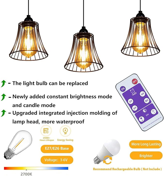 3X Outdoor Chandelier Pendant Light for Gazebo Battery Operated Boho Hanging Lamp with Remote Decorative Lights Indoor Lantern Powered by 4*AA Batteries for Porch Christmas Party Decor
