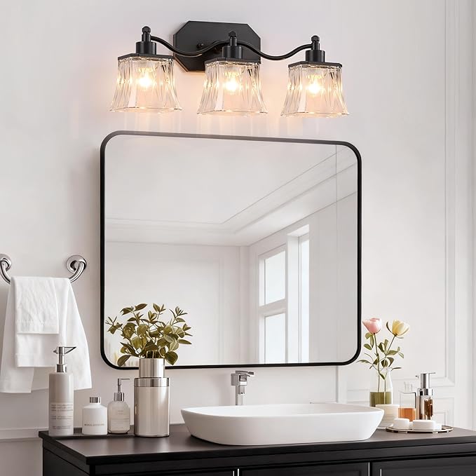 Bathroom Vanity Light Fixtures, 3-Light Vintage Matte Black Vanity Lights with Crystal Glass Shades, Farmhouse Bathroom Lighting Fixtures Over Mirror for Bathroom Bedroom Hallway