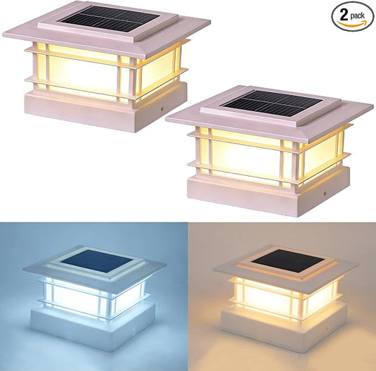 Dynaming 4x4 Solar Post Cap Lights Outdoor with 2 Color Modes, Fence Post Solar Lights White Shell Fit for Vinyl/Wooden Posts, High Brightness SMD LED Lighting Decor for Garden Deck Patio, 2 Pack