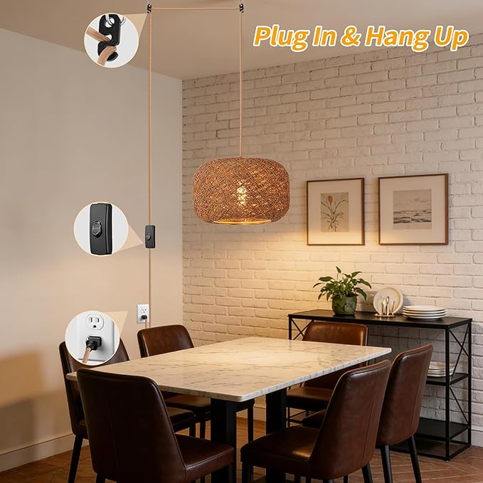 Plug in Pendant Light with Woven Rattan Lampshade, 12” Boho Hanging Lamp with 15FT Cord & On/Off Switch, E26 Socket, Ceiling Hook Installation for Bedroom Living Room Dining Nook Apartment