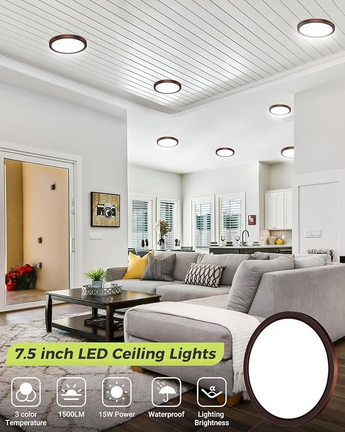 6PACK LED Flush Mount Ceiling Light, 3CCT Selectable 3000K-4000K-6500K & 100W Equivalent Modern Kitchen Recessed Ceiling Lamp 15W 1500Lm 7.5 Inch for Bathroom Closet Laundry Bedroom