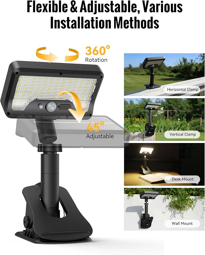 Clip On Solar Lights Outdoor, 3 Modes Motion Sensor Security Light 2 Pack | 92 LED 500LM with Type-C Charging, Waterproof, Chain Link Fence Lights for Deck, Railing, Garden, Gutter, Mailbox, Camping