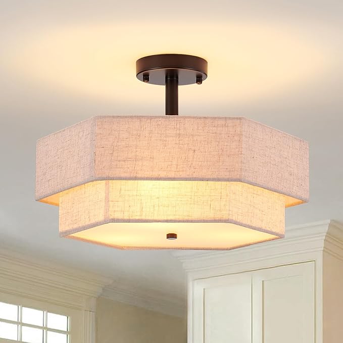 SGLfarmty 17.7" Drum Flush Mount Ceiling Light, 3-Light Large Drum Black Cream Ceiling Light with 2-Tier Hexagon Fabric Linen, Farmhouse Chandelier for Bedroom