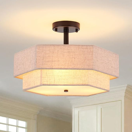 SGLfarmty 17.7" Drum Flush Mount Ceiling Light, 3-Light Large Drum Black Cream Ceiling Light with 2-Tier Hexagon Fabric Linen, Farmhouse Chandelier for Bedroom
