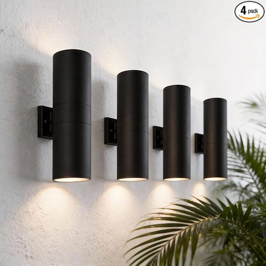 mirrea 18" Modern Outdoor Porch Light Patio Light in 2 Lights with Aluminum Cylinder and Tempered Glass Cover Waterproof Wall Sconce 4 Pack (Matte Black)