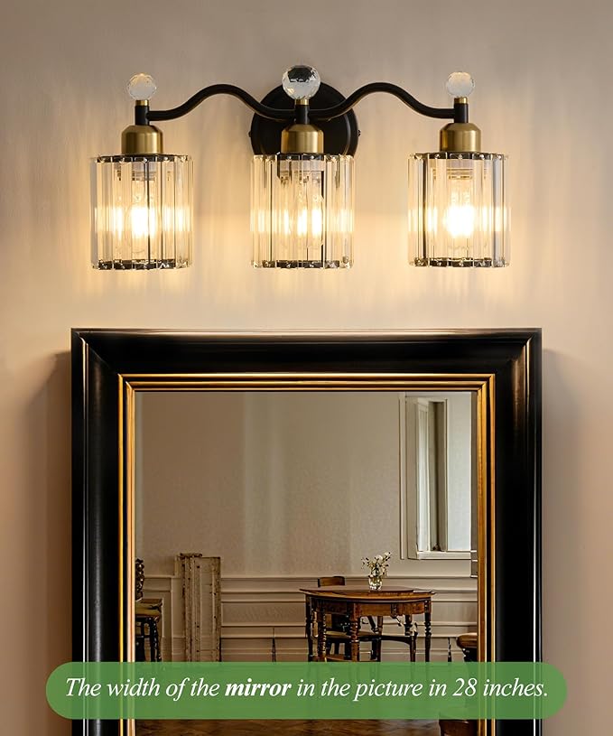 Modern Crystal Bathroom Vanity Light,Balck and Gold 3-Lights Bathroom Light Fixtures, Vanity Light Fixtures Over Mirror, Glass Wall Sconce Light for Bedroom, Kitchen, Living Room, Gallery, E26 Base