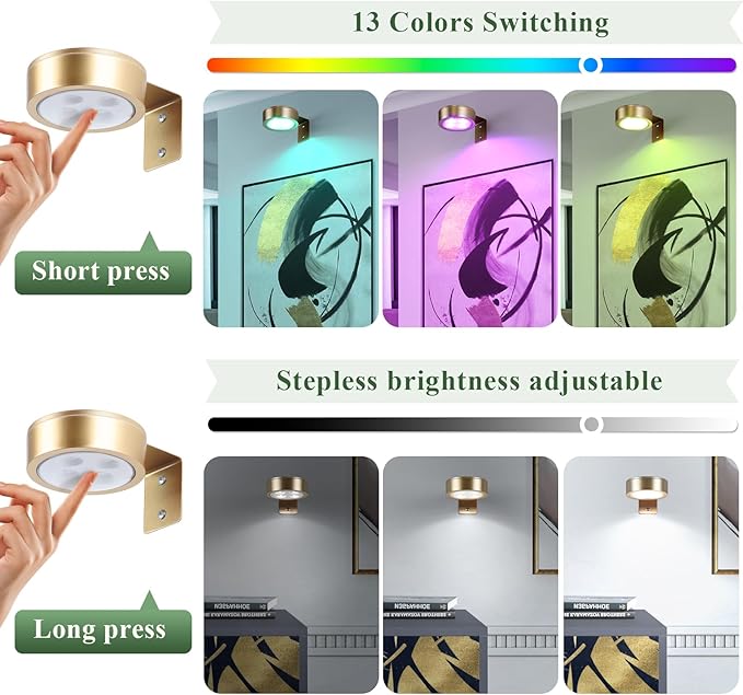 2-Pack Picture Light Battery Operated Painting Lights, 13 Color RGB Magnetic LED Display Art Light with Remote, Dimmable and Timer Portrait Light for Art Frame Artworking, Wall Decor Puck Light, Gold