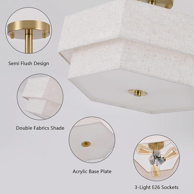 SGLfarmty 17.7" Gold Flush Mount Ceiling Light, 3-Light Farmhouse Light Fixture Ceiling Mount with 2-Tier Hexagonal Fabric Linen Shade, Modern Drum Chandelier for Bedroom Hallway Living Room