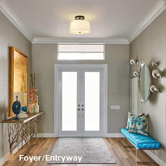 12.6" Semi Flush Mount Ceiling Light Fixtures,3-Light Drum Light,Modern Close to Ceiling Light with White Shade,Light Fixtures Ceiling Mount for Bedroom,Dinning Room,Nursery, Kitchen