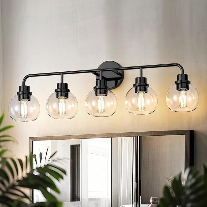 DORESshop Built to Last 20 Years Bathroom Light Fixtures, 5-Light Vanity Lights Over Mirror, Black Wall Lamp with Clear Glass for Living Room Decor Bedroom Porch Cabinet