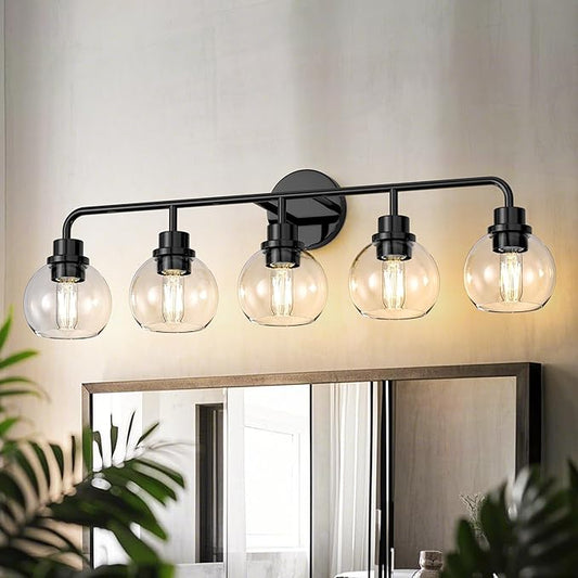 DORESshop Built to Last 20 Years Bathroom Light Fixtures, 5-Light Vanity Lights Over Mirror, Black Wall Lamp with Clear Glass for Living Room Decor Bedroom Porch Cabinet