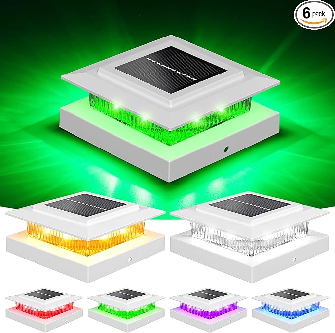 NIORSUN Solar Post Cap Lights Outdoor Waterproof, 4x4 Post Solar Lights RGB Color Changing, Fence Posts Solars Light for Deck Patio Garden Deco, 4x4 Posts Caps Wood Vinyl, 5x5 Vinyl, 6 Pack (White)