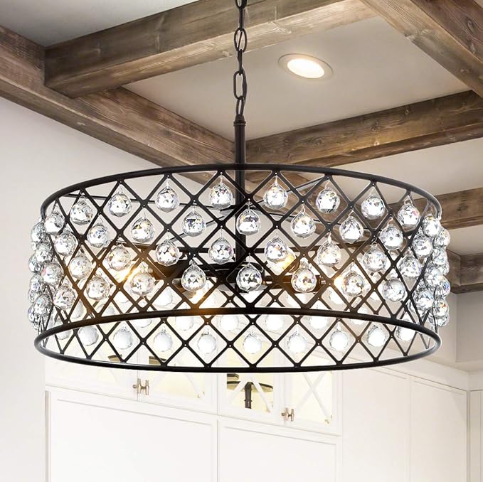 JONATHAN Y 23" Oil Rubbed Bronze Crystal LED Pendant Light, Adjustable Metal Chandelier for Kitchen Island, Entryway, Foyer, Clear Hand-Polished Crystal Shade, LED Bulb (JYL9027A)