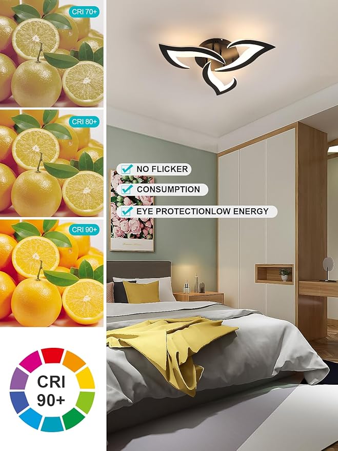 Goeco Modern Ceiling Light, Dimmable Black Acrylic Ceiling Light with Remote Control (3000K-6500K), 3-Head Flower Shape LED Ceiling Lamp for Living Room, Bedroom, Dining Room, Kitchen