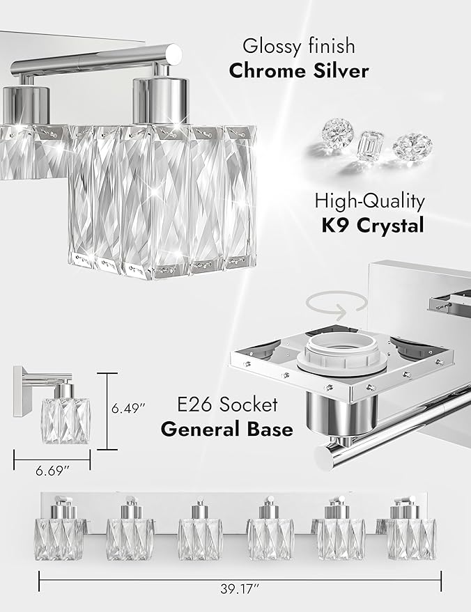 VOLISUN Chrome Bathroom Light Fixtures, Modern Stainless Steel Bathroom Lighting Fixtures Over Mirror, 6 Light Bathrooms Vanity Light, Crystal Vanity Light for Bathrooms-UL Certificated(Exclude Bulb)