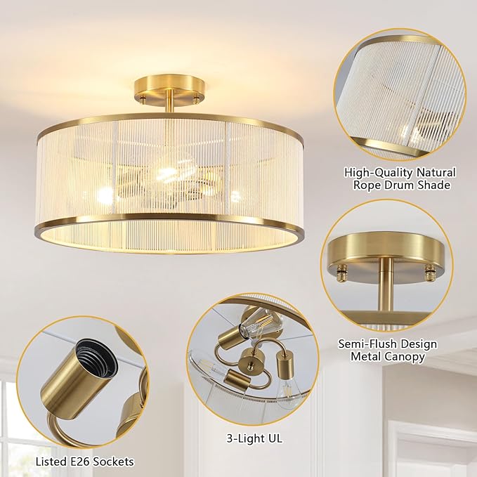 17.3" Boho Gold Semi Flush Mount Ceiling Light Modern Fixtures Ceiling Mount with Hand-Woven Rope Shade 3-Light Drum Lighting Fixtures Close to Ceiling Light for Bedroom Living Room Hallway Kitchen