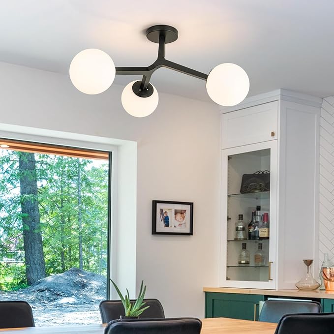 Lingkai Black Semi Flush Mount Ceiling Light Fixture, Mid Century Modern Light Fixtures Ceiling, 3-Light 23.6" Black Sputnik Ceiling Light Fixture for Living Room, Bedroom, Bathroom, Over The Sink