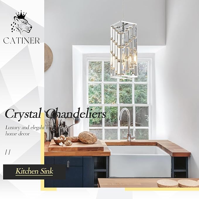 CATINER Chrome Crystal Pendant Light, Mini Hanging Pendant Lighting Fixture with Adjustable Cord, Modern Silver Pendant Light for Kitchen Island, Dining Room, Bedroom, Hallway, E26 Base (1 Pack)