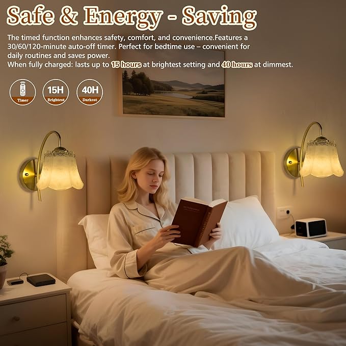 Wireless Wall Sconce with Flower lampshade, Battery Operated Wall Lights,Wall lamp with 15 Colors for Bedroom Living Room Home Decor (White Flower, 2 Light Battery Operated)