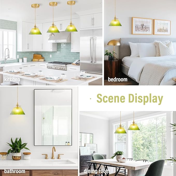 Vintage Pendant Lights Kitchen Island, Adjustable Brass Pendant Light Fixtures with Gradient Green Glass Shade, Gold Kitchen Pendant Lighting Over Island, Pendant Light for Dining Room Hallway