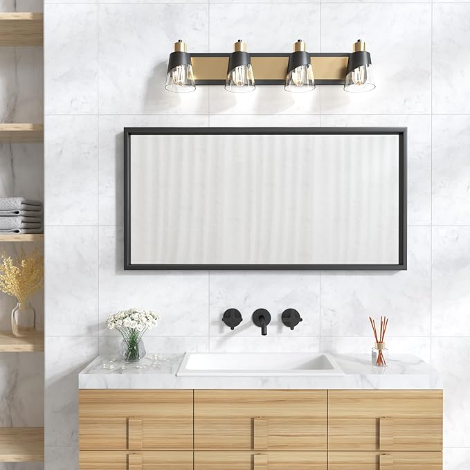 URSOLA Bathroom Vanity Light, 4 Lights Bathroom Light Fixtures, 28.3 inch Bathroom Light Fixtures Over Mirror, Black and Gold, with Bevelled Edge and Clear Glass Shade Wall Lamp
