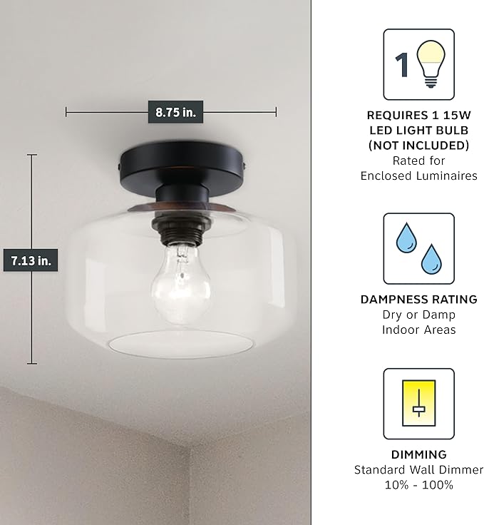 Designers Fountain Semi Flush Mount Ceiling Light, 8.75 Inch Clear Glass Lighting Fixture for Kitchen, Bedroom, Bathroom, and Hallway, Matte Black, D335M-SF-MB