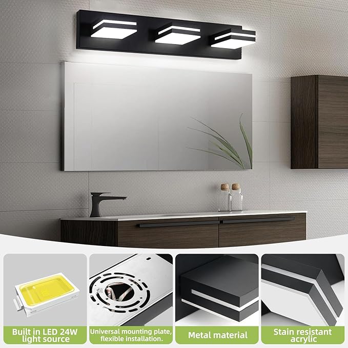 OKELI 3 Light Bathroom Vanity Light Matte Black Modern 24W LED Dimmable Vanity Light Over Mirror 350° Adjustable Lamp Head Cold White 6000K ETL Listed 22Inch