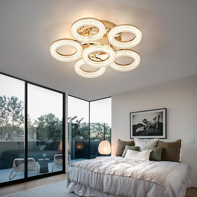 OKELI Modern Ceiling Light, 6 Rings 17.7'' Dimmable LED 60W Flush Mount Ceiling Lights with Remote Acrylic Crystal Round Ceiling Light Fixture, Bedroom Living Room Dining Room, Gold
