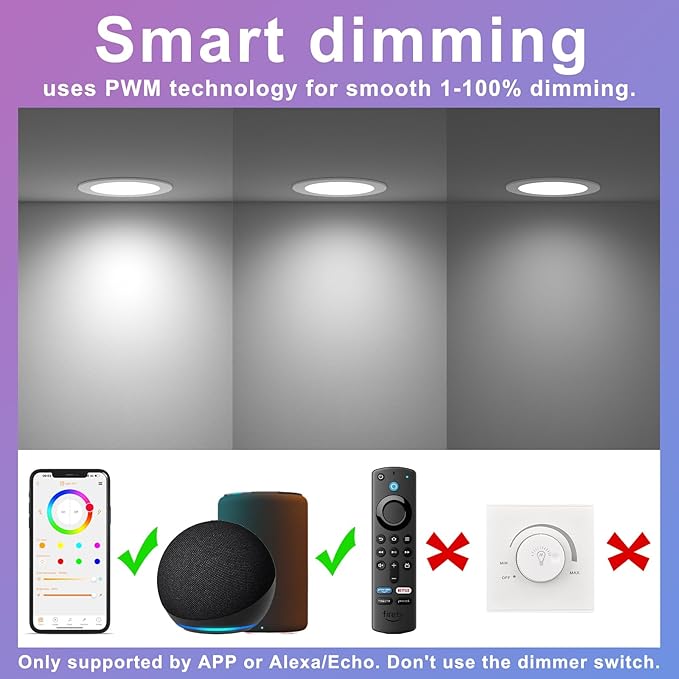 SikSog Smart Recessed Lighting 4 Inch RGBCW Color Changing 12W LED Downlight with Junction Box,1080 Lumen Recessed Ceiling Light Compatible with Alexa,Dimmable by Bluetooth Control -6Pack