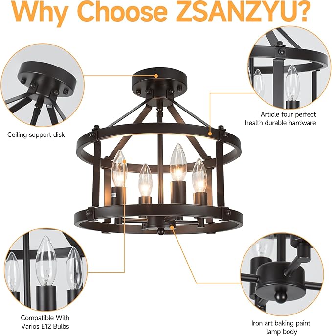 13.5 Inch Black Farmhouse Semi Flush Mount Ceiling Light Fixture,4-Light Rustic Ceiling Mount Lights, Industrial Flush Mount Ceiling Lighting for Kitchen Bedroom Hallway Dining Room Laundry Room