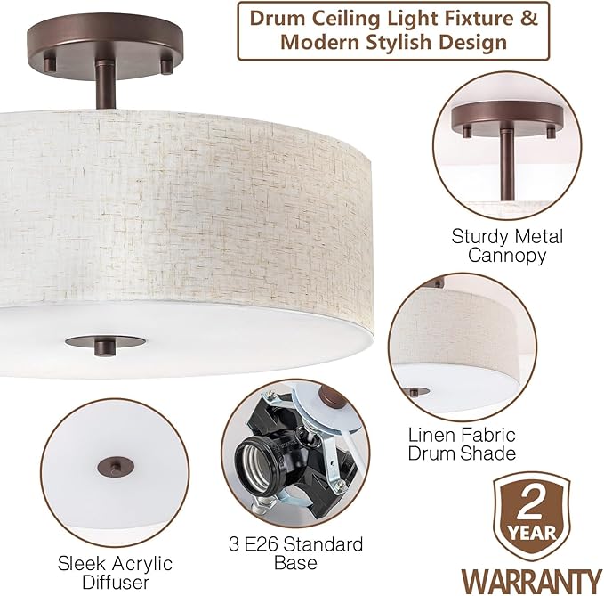 Bargeni Semi Flush Mount Ceiling Light Fixture,16 inch Drum Flush Mount Ceiling Light,Modern Light Fixtures Ceiling Mount with Oil Rubbed Bronze Finish,Semi Flush Ceiling Light for Bedroom,Living Room