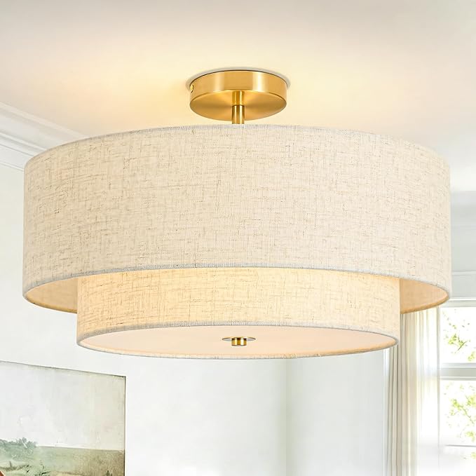 19.7" Semi Flush Mount Ceiling Light, 4-Light Drum Ceiling Light Fixture with 2-Tier Fabric Linen Shade Design, Modern Classic Ceiling Light for Dining Room, Living Room, Bedroom, Hallway, Entryway