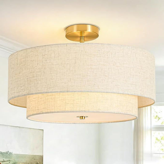 19.7" Semi Flush Mount Ceiling Light, 4-Light Drum Ceiling Light Fixture with 2-Tier Fabric Linen Shade Design, Modern Classic Ceiling Light for Dining Room, Living Room, Bedroom, Hallway, Entryway