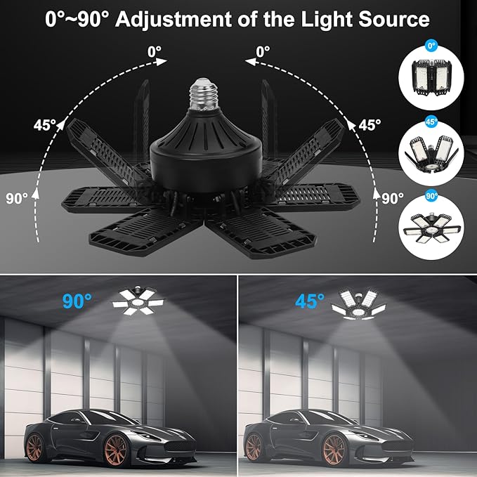 4 Pack Garage Lights, 28000LM Super Bright LED Shop Lights with 6+1 Deformable Panels, 6500K Garage Light Ceiling Led, E26 Socket Screw in Bulb for Warehouse, Workshop, Basement, Attic