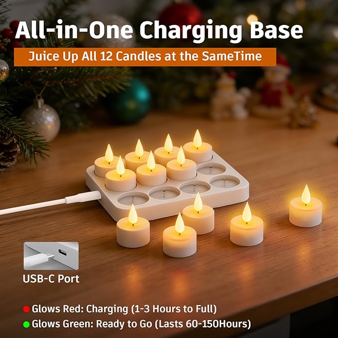 12Pack Rechargeable Tea Lights with Charging Base, Remote & Timer Flameless Tealight, LED Flickering Battery Operated Candles for Christmas, Halloween, Weddings & Table Centerpieces (1.46" x 1.99")