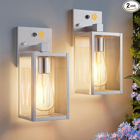 2 Pack Silver Dusk to Dawn Exterior Lighting Fixtures Wall Mount, Sensor Outside Front Porch Lights for House, Outdoor Lantern Lamp, Waterproof Wall Sconce Lights, Coach Light for Garage Entryway