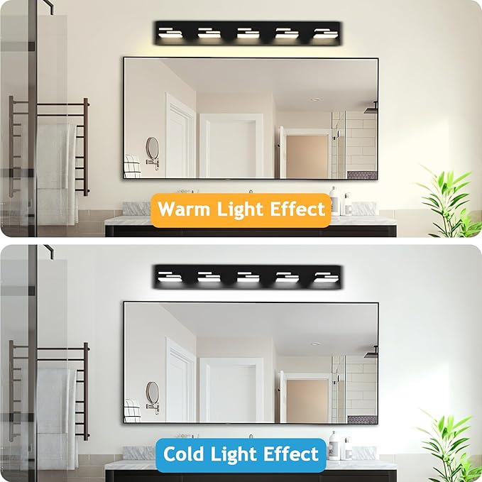 LED Modern Bathroom Vanity Light Fixtures 5-Light 34-inch 5CCT Dimmable Matte Black Vanity Lights for Bathroom Lighting Fixtures Over Mirror, with 360° Rotatable Acrylic Heads