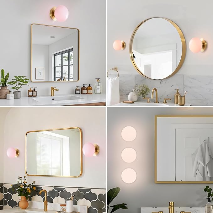 Modern Globe Glass Wall Sconces- Minimalist Home Shop Decor Wall Light 7" Glass Shade Hardwired- 1 Light Mid Century Wall Lamps Indoor Bedroom Bathroom Hallway Vanity Sconce Light (Gold-Pink)