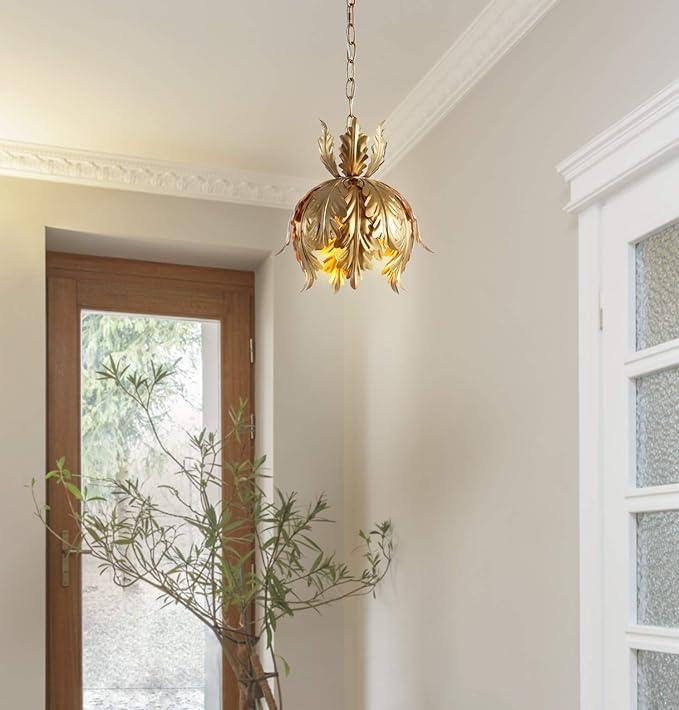 JONATHAN Y 12" Gold 1-Light Iron Pendant Light, Adjustable Height Lotus Leaf Design Hanging Fixture for Bathroom Hallway, Classic French Country, LED Bulb Included JYL9509A