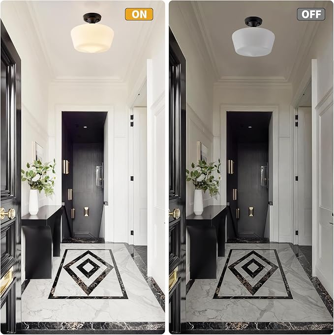 youngrender Black Schoolhouse Light Fixture, 12" Milk Glass Flush Mount Ceiling Light, Black Semi Flush Mount Ceiling Light for Farmhouse Kitchen Hallway Entryway