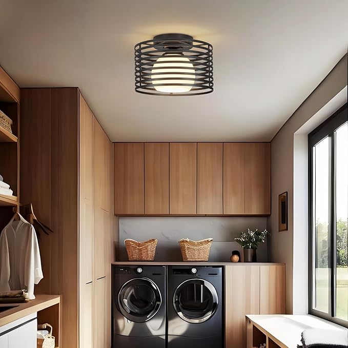 Modern Industrial Semi Flush Mount Ceiling Light, 1-Light Black Farmhouse Ceiling Light Fixture with Glass Shade, Hallway Lighting Fixture for Kitchen, Bedroom, Bathroom, Foyer, Laundry room 9.0in