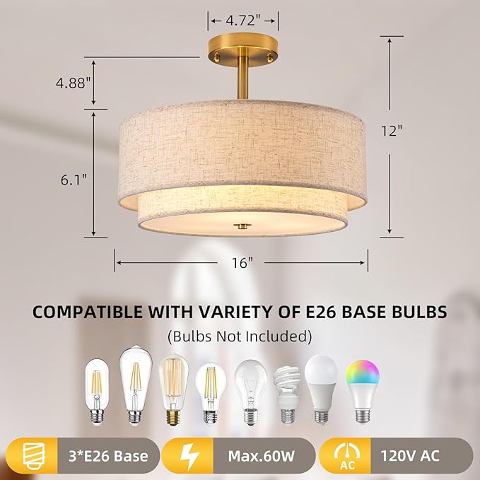 16" Semi Flush Mount Ceiling Light Fixture,Modern Close to Ceiling Light, 3-Lights Gold Drum Ceiling Light with Linen Fabric Shade for Bedroom Living Dining Room Hallway Entryway Foyer