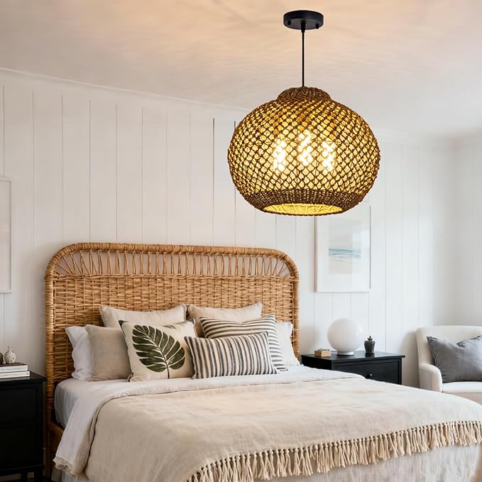Farmhouse Rattan Chandelier 17” Boho Natural Seagrass Hanging Pendant Lights 3-Lights Hand-Woven Wicker Dining Room Light Fixture for Kitchen Island Entry Living Room Bedroom Hallway
