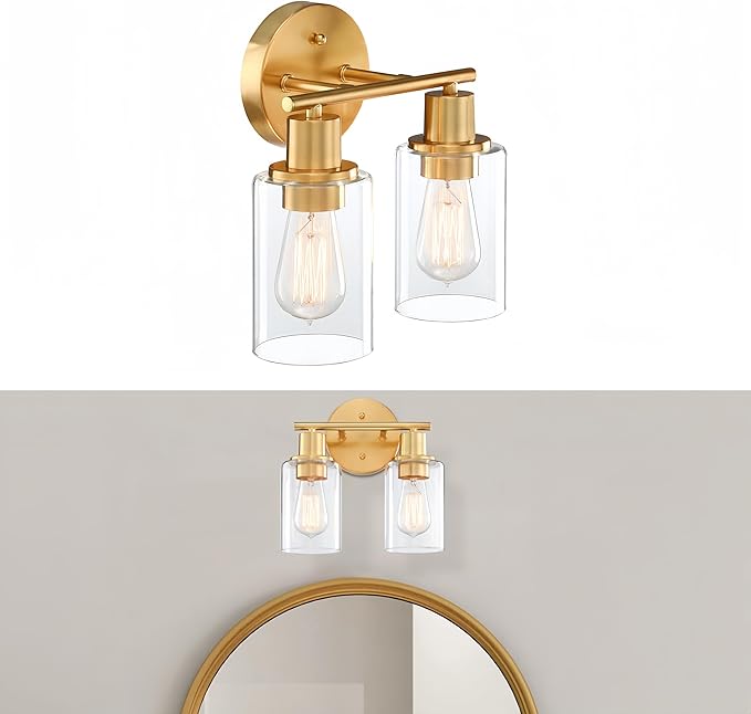 WISBEAM 2-Light Bathroom Vanity Light, Gold Bathroom Light Fixture Over Mirror with Clear Glass Shade Including E26 Medium Base, Bulb NOT Included, Brass Vanity Light Fixture