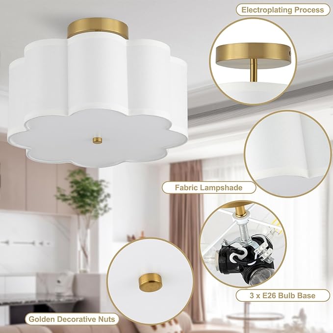 13.3"Semi Flush Mount Ceiling Light Fixture, 3-Light Modern Close to Ceiling Light With Fabric Flower-Shaped Shade, Light Fixtures Ceiling Mount for Bedroom Nursery Kids Room Living Room(Gold)