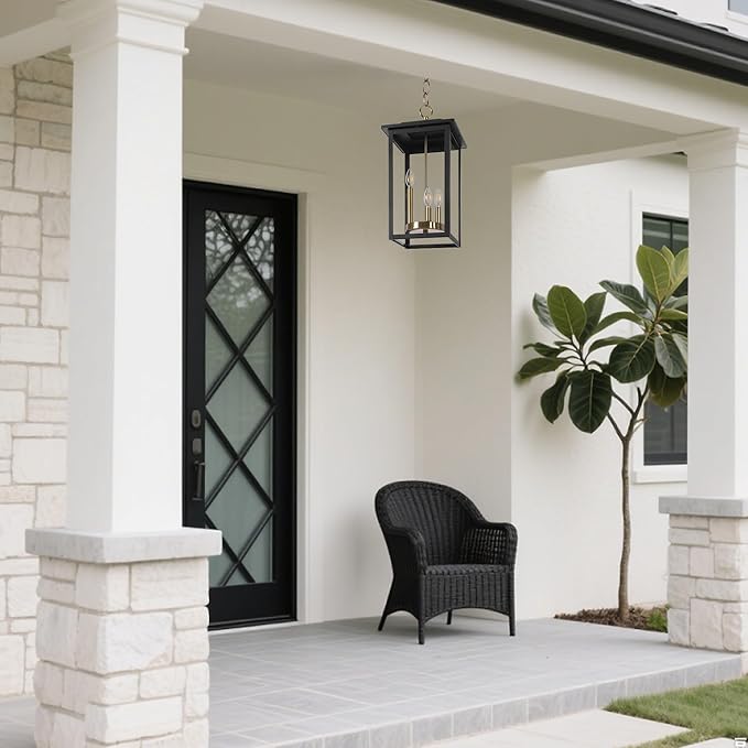 LamQee Large Outdoor Pendant Lights, 3-Lights Black and Gold Outdoor Chandelier Lighting Fixture, Modern Exterior Ceiling Hanging Lantern with Glass, for Porch Front Door Patio Gazebo Entryway Foyer